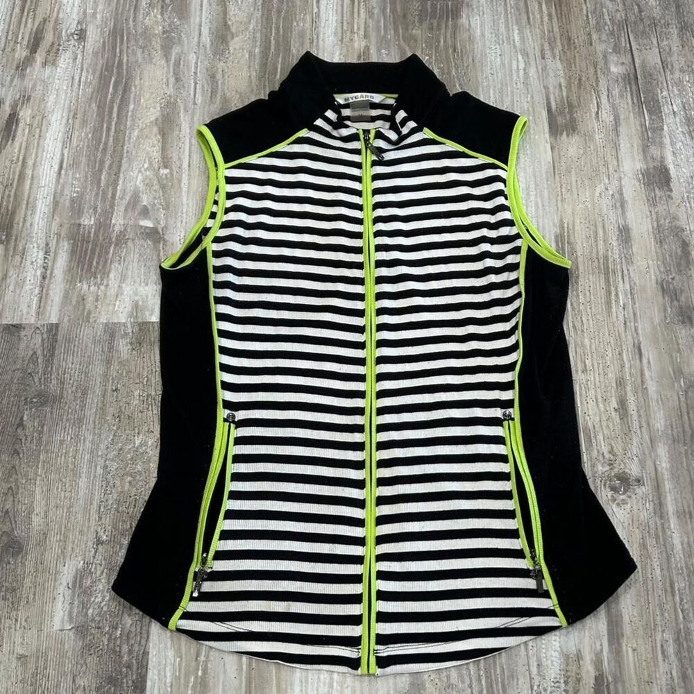 NYGARD Women's 90s/y2k activewear lime green black + white striped zip up vest